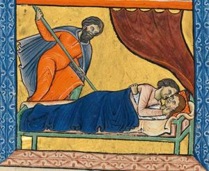 Phinehas drives his spear through Zimri and Cozbi, who are lying in bed, embracing each other; a curtain hanging above the bed.