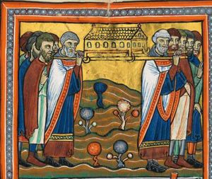 Levites carry the ark on poles on their shoulders to Jericho; they are accompanied by the other Israelites, one of whom makes a gesture of speech with his right hand in front of his chest.