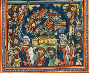 while the Israelites, surrounding the city, blow their trumpets and the Levites, carrying the ark on poles on their shoulders, pass it, the walls crumble and buildings collapse; a banner is placed on one of the buildings.
