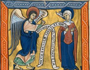 Mary standing to the right, holding an inscribed scroll in her right hand and with her left hand in front of her chest with the palm in front view, is visited by Gabriel, also holding an inscribed scroll, but in his covered left, while he stretches his right hand forward in a gesture of speech; the Holy Ghost descends as a dove.
