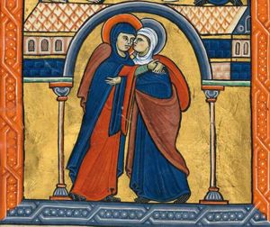 Mary and Elisabeth, whose right hand is covered, both pregnant, embracing; architectural setting.