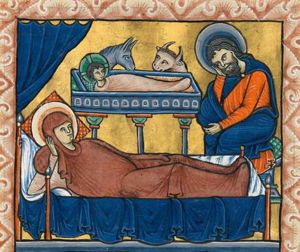 Mary reclining in bed, supporting her head with her right hand; Joseph seated at her feet, to the right, resting his head in his hand; the Christ -child in the manger, which rests on columns (altar?) - with the ox and ass -behind the bed; a curtain above it.