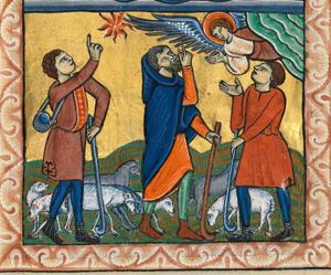 a flying angel, appearing in heaven, stretches his right hand forwards with the palm in front view; three shepherds, holding shepherd's crooks; one raises his right hand pointing at the Star of Bethlehem; the second one holds his hand in front of his face as if to protect his eyes(?); the third one holds his right hand forward with the palm in front view; a herd.