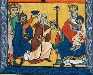 the Wise Men present their gifts in a bowl to the Christ-child: two of them kneel on one knee, the foremost giving the bowl with his right hand forward, the second one raises his right hand; both are holding their crown in front of them; the third is taking his crown off; Mary, enthroned, to the right, wears a crown and holds a flower(?) in her right hand; the Christ-child holds his right hand forward, blessing the Magi and holds a closed scroll in his left.