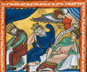 the three Wise Men, sitting with their head resting in their hand, two of them asleep, the third looking up from one eye, and raising his covered left hand, are warned in a dream, by a flying angel who appears from heaven and stretches his right hand forward in speaking, while holding an inscribed scroll in his left, not to return to Herod; curtain.