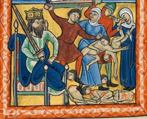 king Herod the Great, sitting at the left, with his left hand on his knee, holds a sword in his right; one of his soldiers holds a boy by his hair, raising his sword to kill him, while the mother grabs the sword with her right; another soldiers grabs the leg of a boy, of which the mother is holding the other leg; mutilated bodies and detached heads.
