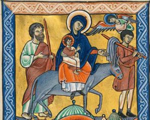 James the Less, a staff over his shoulder with a cloth over it, leads the ass; a flying angel, pointing wiht his right hand sidewards to his left, shows the way; Mary, holding the Christ-child, who makes a blessing gesture with the right hand forward and holds a closed scroll in his left, stretches her left hand forward with the palm in front view; Joseph, barefoot, holding a staff, follows them.