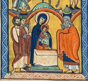 Mary, behind the altar, presents the Christ-child, who is holding a closed scroll in his left and his right hand forward in a blessing gesture to Simeon, barefoot, who reaches for it with both covered hands forward; Joseph, barefoot, holding a pair of doves in covered hands and a servant with a candle are standing behind Mary; architectural setting.