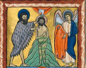 John the Baptist stands at Christ's right, touching his head and shoulder; the Holy Ghost in the form of a dove descends upon Christ, who holds his right hand in front of his chest; an angel is holding his clothes.