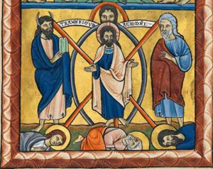 in a mandorla: Christ with his hands stretched sidewards with the palms in front view, and the Father, represented as a head with an inscribed scroll fixed to it; to Christ's right: Moses, with horns and the Tables of the Law in his covered left hand; to Christ's left: Elijah, with a covered right hand and his left hand in front of his chest; rays of light, going crosswise out from Christ, touch Peter, James and John who all lie face down, and Moses and Elijah; Peter turns up his head to his right, James has his hands covered.