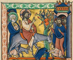 people, leaving the city-gate, spread their clothes and wave palm-branches before Christ, who rides on the ass from left to right, with both hands forward, the right in a gesture of blessing, holding the reins with the left; Peter, leading the apostles behind Christ, holds his right in front of his chest and a key in his left.