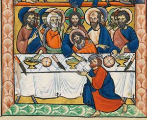 Christ, seated behind a rectangular table amidst the apostles, puts a piece of bread into the mouth of Judas; a small devil, in the shape of an animal, also enters the mouth of Judas, who is falling to his knees - alone in front of the table - with his arms forward, hands against each other, thereby revealing him as the betrayer; Christ has put his left arm around the shoulder of John, who leans against his chest with his right against his head; the other apostles make various gestures; Peter holds a piece of bread in front of his mouth; tow apostles are touching fishes on the table with a forward stretched left hand; one makes a gesture of blessing with his right hand in front of his chest; two of them are eating bread, at Christ's left; Paul (?) touching bread with his left hand forward and holding his right hand in front of his body, sideways to his left, in a gesture of blessing.