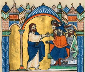 Judas on the left, is shaking hands with one of a group of priests, standing behind two other priests, who are sitting on a bench; the foremost sits with both arms sidewards, holding coins in his right hand and the palm of his left in front view; the one on the far right holds his left hand in front of him in a pointing gesture; the two foremost priests wear Jew-hats; architectural background.
