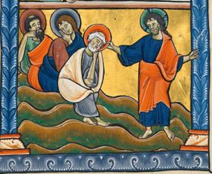 Christ stands at the right, with both arms sidewards, making a pointing gesture with his left and holding Peter's nimbus(?) with his right; Peter sits on the ground, supporting his head with his left hand; two more apostles sitting on the ground, asleep, are both supporting their head with their hand.