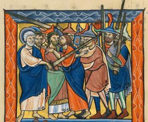 accompanied by armed soldiers, holding a torch and lantern and wearing Jew -hats, Judas, coming from the right, kisses Christ, while embracing him; Christ stretches his right arm forward, touching Malchus, who stretches his left hand forward and whose ear is cut off by Peter, standing behind Christ; one of the soldiers holds his left hand in front of his chest in a gesture of pointing (or speech?); another one holds his right hand forward with the palm in front view.