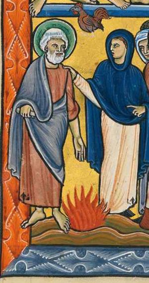 Peter, holding his left hand down with the palm in front view and a closed scroll in his right, turns his head to his left, to the girlservant who places her right hand on his shoulder, holding her left in front of her in a gesture of speech;; a second girl behind her; the cock between them; they are standing around a fire.