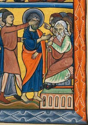 Christ, stretching his right arm forward in a gesture of speech(?), is brought before the Sanhedrin by a soldier(?), who hits him in the face with his right hand, while pushing him with his left; Caiaphas(?) and Annas(?) are sitting on a bench, raising and stretching forward their hands in gestures of speech; behind them some more members of the Sanhedrin(?).