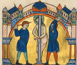 two men flog Christ, who is tied to a column with bare torso, while standing behind is, but with his crossed hands tied together in front of it; the man on christ's right holds his whip with both hand sidewards behind him, the one on His left with both hands raised; architectural background.