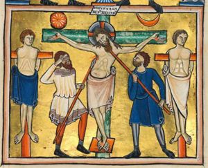 Longinus holds the lance with his left hand forward, while rubbing his eye(?) with his right; Stephaton holds the pole with the sponge with his left hand down and his right hand in front of his chest; both are looking upwards at Christ, who has his eyes closed; he is crucified with three nails, his feet rest on a suppedaneum, blood is spouting from his wounds; the superscription is attached to the cross; sun and moon above the arms of the cross; the two malefactors are crucified with their arms behind their back over the horizontal bars of the cross; they both have their heads turned to their left; all three are wearing loin-cloths.