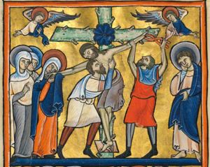 Nicodemus and Joseph of Arimathea take down Christ's body from the cross; Nicodemus pulls the nail from Christ's left hand with a pair of tongs which he holds in his right hand, while he holds Christ's arm with his left; Joseph supports the body of Christ, sinking to its right, putting both arms around it; Christ's sidewards stretched right arm is held by the wrist by Mary with both hands, of which the left is covered, against her cheek; John, on the right, holds his right hand against his head and pulls up his cloak with his left; two other women (Mary's) behind the Virgin; one of them holds her right hand in front of her chest in a gesture of speech; Christ's feet rest on the suppedaneum; the cross is made of branches; on both sides of it: a floating angel-bust with one hand in front of the chest and the other hand sidewards - both with the palms in front view -; at the crossing of the bars: a shape like an octagonal rosette.