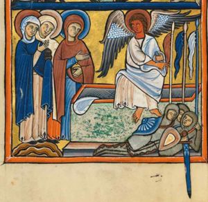 the angel, sitting at the right, on the sarcophagus, holds a closed scroll in his left hand and holds his right arm across his body to his left, making a gesture of blessing(?) with two fingers; he turns his head to his right, addressing the Holy Women; the shroud is lying over the side of the tomb; the Holy Women standing at the left; two of them are holding an ointment-jar in their left hand, one of them with this hand covered; they both hold their right hand in front of their chest; three soldiers are sleeping in front of the tomb; three bannered lances.