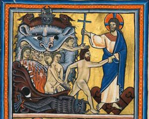 Christ, standing at the right on the doors of hell, stabs Satan who lies in fetters, with a cross which he holds in his right hand; he turns his head to his right, while holding the wrist of Adam , who is holding that of Eve in his turn; Eve covers her nakedness; the entrance of hell is represented as monstrous mouths; a man in one of these mouths stretches both hand with the palms up forwards towards Christ; a group of people is held by monstrous claws.