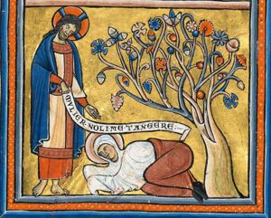 Mary magdalene with covered hands held forward, prostrate before Christ, who holds an inscribed scroll in his right and his left hand down with the palm in front view; a flowering(?) tree behind Mary.