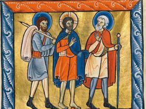 Christ, dressed as a pilgrim - a short tunic and cape and a pilgrim's bag - betweend cleopas and Peter; he has his left hand covered by his cape and his right hand in front of his chest in a gesture of speech(?); on of the disciples walks in front of him - also in tunic and mantle and holding a pilgrim's staff in his left - and turns his head back to his right, holding his right hand in front of his chest with the palm in front view; the other one follows Christ, carrying his staff with a cloth (his mantle?) over his shoulder.