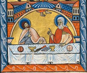 Cleopas and Peter behind a table; one of them is looking up at the feet of Christ vanishing, while he holds his right hand in front of his chest pointing up, and his left sideways with the palm in front view; the other one holds his left arm in front of him on the table, pointing up with his right hand raised; architectural back-ground; on the table a plate with a fish, a knife and bread-rolls(?).