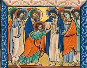with his left hand covered, Thomas touches with his out-stretched right hand the wound in Christ's side, which Christ exposes by pulling up his tunic; of the other apostles, looking at Christ and Thomas, one holds his right hand in front of his chest in a gesture of speech, another holds his left hand in front of him.