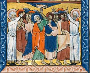 Christ is almost vanished: only his feet are visible in a cloud; Peter, in the cnetre, raises his left with the palm in front view, the right hand covered, and looks upwards, as does one of the others, who touches Peter's clothes with his left hand forward; the rest is looking at the men in white clothes, flanking the group and pointing upwards with one hand raised; one apostle holds the arm of one of them; above the group, on the right , a hand making a `cornuto' gesture; at the right an apostle is holding up his cloak with his left hand in front of his body; at the left another holds the rim of his cloak with his right hand in front of him, his left hand in front his chest.