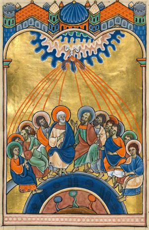the Holy Ghost descends from heaven upon the apostles, seated on a semi- circular bench, making various gestures; in the centre of the group: Peter, holding a closed scroll in his left and with his right hand in front of his chest, and Paul, also with a closed scroll in his left, but with his right hand raised, with the palm in front view; far left and right two more apostles hold closed scrolls; the one on the left holds his right hand forward in a speaking gesture, the one on the right stretches his right hand forward with the palm in front view; the one next to him holds both hands forward; two other apostles hold their right hand in front of their chest in a gesture of speech; one holds a book in his coverd left, turns his head to his right and holds his right hand in front of his chest; belkow the feet of the apostles: a symbolic semi-circular wall(?) below which a group of trees; architectural background.