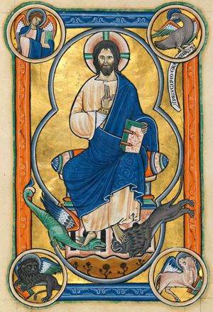 Christ enthroned in mandorla, holding a sealed book with his left hand and making a blessing gesture with his right hand in front of his chest; his right foot rests on the head of a dragon, his left on that of a lion; in medallions on the four corners of the frame: symbols of the evangelists with book, except for the eagle who has an inscribed scroll.