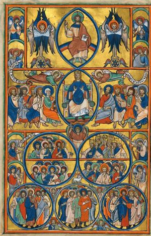 upper register: Christ on a rainbow in a mandorla, blessing with his right hand raised, holding an open book with his left; at his right and left: Cherubim; on the far right and left: angels, two playing a fiddle, two holding inscribed scrolls; second register: Mary enthroned in a mandorla, holding her hands in front of her with the palms of the hands in front view; three angels, two of which are flying, "carry' the mandorla; at either side of her: the twelve apostles, seated, divided into two groups; Peter, holding keys in his left and with his right hand forward in a speaking gesture, closest to her on her right; Paul, with his right hand raised in blessing(?) gesture, closest to her on her left; several of the apostles hold one hand in front of their chest, one with the palm in front view, one in a gesture of speech; one holds his right hand sideways with the thumb and middle finger touching; third register: two medallions, divided in two by an horizontal bar, with bust of male and female saints, making various gestures; some hold books, some palm-branches, some ointment-jars; one of the four groups wears crowns; to their left and right: angels playing harp; two inscribed scrolls above these angels; between this and the fourth and last register: the Lamb of God; the last register: three medallions with standing saints, making various gestures somparable to those mentioned above; some have their hands covered; four angel-busts between these three medallions.