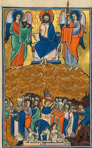 Above: Christ enthroned as heavenly judge, his torso half bare, showing his wounds with his arms sidewards with the palms in front view; at his right an angel holds the scourge, the crown of thorns and the nails with both hands covered; at his left a second angel holds the lance and the cross, also with both hands covered; below: at the left an angel stands, who turns his head to his left and grabs with both hands the hands of a bishop who holds his right hand forward with the palm in front view; the bishop is followed by a group of arisen souls; a second angel stretches his right hand forward, holding a sword, with his left he pushes against the shoulder of one of two bishops facing him, who are heading the group of damned souls; one of these bishops holds his left hand in front of him; two dead arise: they step out of a tomb, both with their right hand in front of their chest, one raising his left with the palm in front view, the other holding his left hand down; two devils in phantasy shape are pulling the group of damned back into the entrance of hell, represented as a monstrous mouth, with the help of a large rope, slung around them.