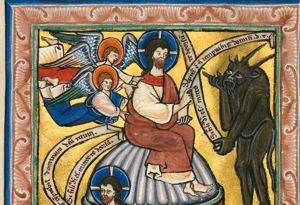 Satan, a devil in phantasy shape, with both hands in front of hist chest, holding stones in his left and an inscribed scroll in his right hand, asking Christ, who is seated with his arms in front of his body, holding a scroll in his left hand, to `command these stones to become loaves of bread'.