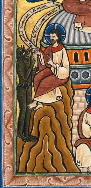 Satan, a devil in phantsy shape, with an inscribed scroll in his left hand, raises his right hand in a speaking gesture, asking Christ, who sits on the roof with an inscribed scroll in his left hand, stretching his right hand forward in a speaking gesture, `throw yourself down' (from the temple); two flying angels support Christ's shoulder and back with arms stretched forward.