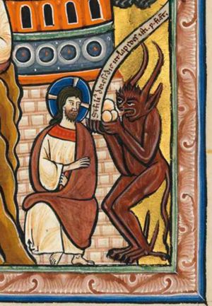 Satan, a devil in phantasy shape, with an inscribed scroll (erroneously inscribed "Si filius dei es, mitte te deorsum") in his left hand, raises his right hand in a speaking gesture; Christ is seated with an inscribed scroll in his right, making a speaking gesture with his left hand in front of his chest.