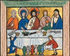 Christ - seen frontally, holding his left hand down with the palm in front view and his right hand in front of his chest making a blessing gesture - behind a table, with on his right Mary - her left hand with palm in front view in front of her chest and her right hand forward touching a fish in a bowl -; on Mary's right the architriclinus(?), left hand down, touching a bread-roll(?); on Christ's left: the bride, who is holding a cup in her left hand in front of her chest and touches a bread-roll(?) with her right hand down; to her left the groom holds a small object with his right hand bent to his head; a man pours water into one of six jars in front of the table.