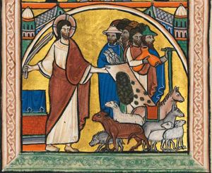Christ, holding a whip in his right hand, and turning over a table filled with coins with his left, drives the money-changers from the temple; some of them face Christ; of these, one holds three pigeons with covered hands and wears a Jew-hat; of the ones that are fleeing, one carries a bag, a second one also wears a Jew-hat, and holds a staff; architectural setting; cattle, sheep and a saddled horse.
