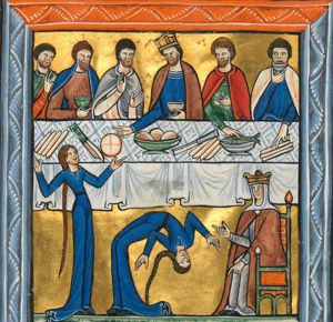 king Herod Antipas, holding a cup in his left and stretching his right hand forward in a gesture of speech, behind a laid table with five companions: three on Herod's right and two on his left; one of them holds his right hand in front of his chest, making a gesture of speech(?) with two fingers raised; another holds a cup in front of him; a third holds his right hand in front of his chest and his in front of him with the palm of the hand in front view; the fourth holds food with his left and stretches his right hand forward, touching fish on a platter on the table; the fifth is drinking from a cup and stretches his left hand forward touching a bread-roll(?); furthermore on the table: a dish, loafs of bread and some knives; (conflated with) in front of the table: Salome, who is represented twice: once dancing (doing a back-bend), and once standing with both arms sideways, palms of the hands turned upwards, pony-tail, asking for the head of John the Baptist; her mother, wearing a crown, is sitting on a chair in front of the table with her right hand forward, palm upwards in a gesture of speech; with her left hand she points down to the ground.