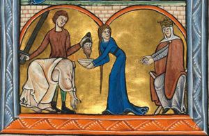 the executioner, on the left, holds both arms sideways, the head of the Baptist in his left, his sword in his right; Salome approaches him from the right, holding a bowl with both arms stretched forward; she turns her head back to her left, looking at her mother, who wears a crown, and is sitting on the right on a folding chair with her hands stretched forward, palms upward.