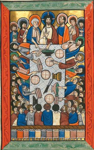Christ, his disciples and a crowd gathered around a rectangular table, seen in bird's eye view; Christ is at the centre, holding his right hand in a gesture of blessing in front of his chest, stretching his left hand forward, touching a fish on a dish; the apostles are seated at either side of Christ, making various gestures; Peter, to His right, holds a piece of bread(?) with his left hand bent to his head and stretches his right hand forward, touching bread-rolls(?) on the table; Paul bends his right hand to his head, with raised index finger; two of the others are holding a cup in front of their chest; four are bringing pieces of bread(?) to their mouths; one is holding his hand in front of his chest, raising his index and middle finger, like in a blessing gesture; members of the crowd make similar gestures; those at the end of the table opposite Christ are represented seated in back view; on the table are loaves and rolls(?) of bread, dishes with fish, cups and a knife; in front of the table scene are a row of baskets with bread with fishes on top.