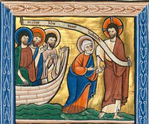 Christ, holding an inscribed scroll in his left, with this right hand takes the left hand of Peter who has left the boat and whose feet are already under water; Peter holds both hands forward and is looking up at Christ, who is turning his head to his right; three disciples are in the boat, all three raising their left hand with the palm in front view; the foremost one holds his right hand down.
