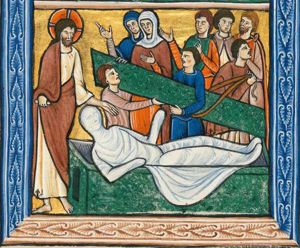 Christ, on the left, holds a closed scroll in his right and stretches his left arm, palm of the hand in front view, sideways to his left, towards the shrouded body of Lazarus, towards whom he is also turning his head; three men are lifting the lid of the sarcophagus: one supports it on his shoulder, a second one pulls it with a rope; the third stretches his right hand, palm upwards, forward towards Christ, as do either Mary or Martha and one of the bystanders, who also holds his left hand in front of his chest in a gesture of speech; one of the bystanders also turns his head to his left.