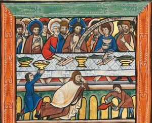 behind a rectangular table Christ, his disciples, and Simon the Pharisee are seated (their feet are visible under the table); Christ, at the centre, holds his right hand in front of his chest in a gesture of blessing(?); with his left He holds an inscribed scroll; two of the apostles bring a piece of bread(?) to their mouth with their right hand; Peter stretches his right hand forward, touching a bread-roll(?) with index and middle finger, as does one of the other apostles, who also holds a cup in front of him; in front of the table, a servant holds a dish with bread in both upward stretched hands; a second one pours wine or water from a jar into a cup; Mary Magdalene, kneeling on both knees, wipes Christ's feet with her hair; the table seems to be placed on an arcaded elevation; on the table: dishes with fish, bread-roll(?), a cup and a knife.