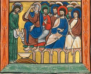 with his hand downwards, Christ wipes Peter's foot above a basin with the towel that hangs from his girdle; Peter holds his left hand down and touches his forehead with his right; on the bench behind Peter, another apostle holds his left hand in front of his chest with upwards turned palm, his head turned back to his left, looking at the others; the one behind him holds a closed scroll in his right and holds his left hand, index and middle finger forward; the apostle on the right holds his right hand down; the bench stands on an arcaded elevation.
