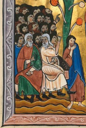 Judas walks away from the Sanhedrin holding his covered left hand, against his head and touching his beard with his right hand; two members of the Sanhedrin are sitting on a bench in front of a small, dark-faced, crowd; one is holding a closed scroll in his left hand, held downwards, while with his right hand he points to his left; the other one holds his left hand in front of his abdomen, and while he raises his right hand, pointing upwards, he turns his head back to his right; most members of the crowd are looking upward at Judas, who is hanging from a tree (conflated, described separately); three of them, however, turn their eyes to their right; one man points at the hanging Judas with his right hand raised.