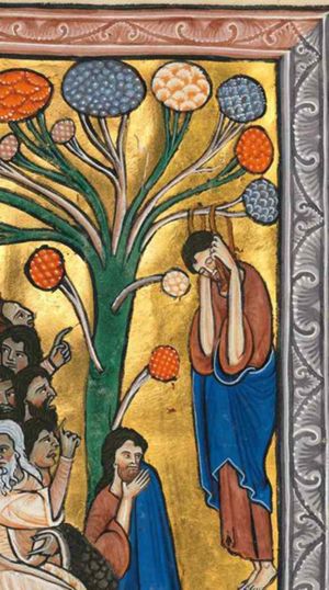Judas hanging from a tree, holding the rope with both hands raised; eyes closed.