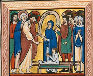 the son of the widow - in a shroud(?) - is sitting on a bier with his hands forward, palms towards each other, looking up at Christ, who is standing opposite him with slightly bowed head, his right hand down in a gesture of speech (command), an inscribed scroll in his left, held forward; Peter and another apostle stand behind Him; the widow is standing behind the bier of her son, with both arms forward, palms of the hands towards each other, looking up at Christ; a small crowd, with a man standing in front of it, who holds his right hand forward, pointing up and his left hand down, pointing at the youth; a woman in the crowd is wringing her hands.